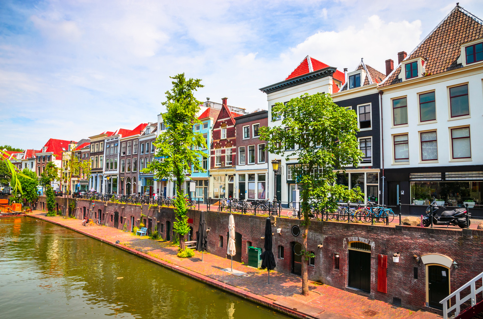 Traditional houses on the Oudegracht (Old Canal) in center of Utrecht, Netherlands.